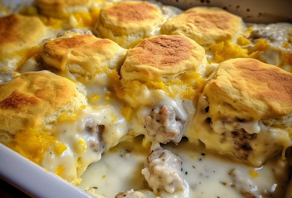 Biscuits and Gravy with Sausage and Egg Breakfast Casserole